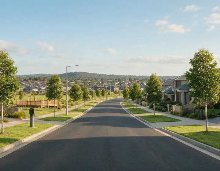 A quiet residential street of modern family homes in an outer south-east Melbourne suburb.