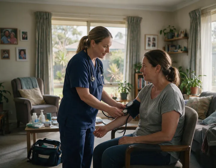 A community nurse checking a woman’s blood pressure in her own living room during a home visit.