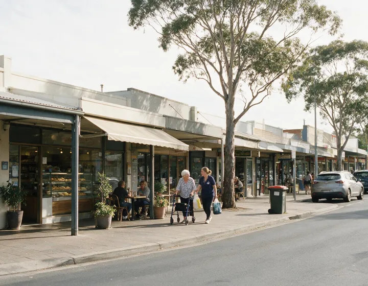 A woman using a walking frame and her support worker walking along a suburban shopping street with shopping bags.