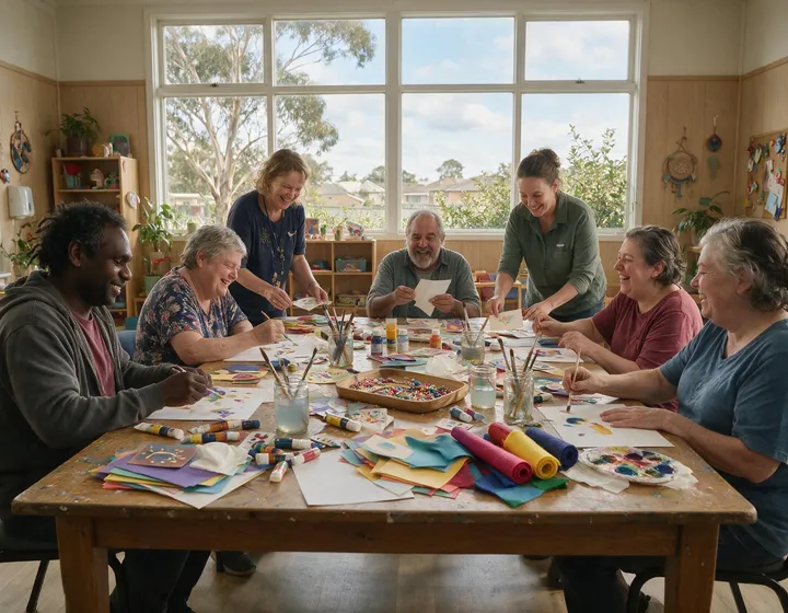 A small group of adults and staff working on a creative art activity together around a table at a day program.