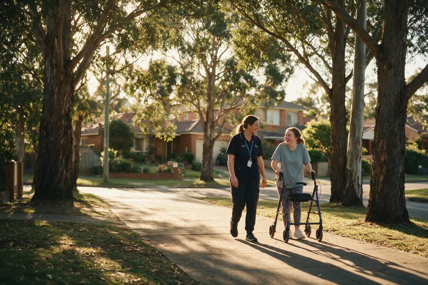 A support worker and a young woman using a walking frame chatting and laughing as they walk together along a gum-lined suburban street in the late afternoon.