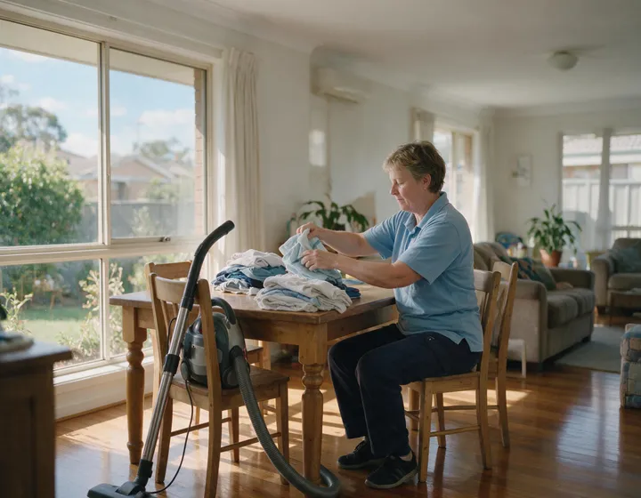 A support worker folding fresh laundry at a dining table in a tidy, bright living room.