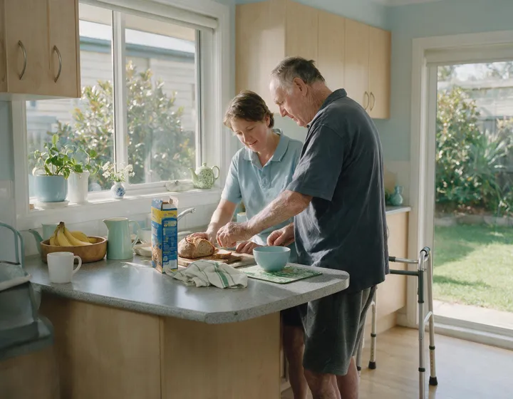 A support worker alongside an older man as he prepares breakfast at his own kitchen bench.