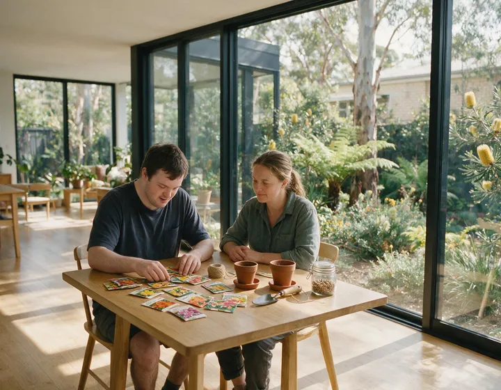 A young man sorting seed packets at a dining table beside a support worker, with a native garden through the windows behind them.