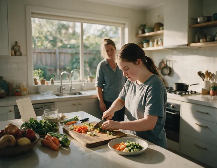 A young woman chopping vegetables at a kitchen bench while her support worker stands back and lets her lead.