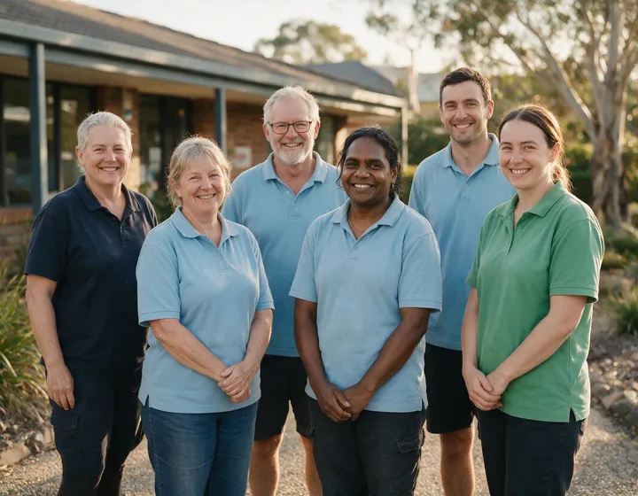 A small disability support team standing together outside a suburban office.