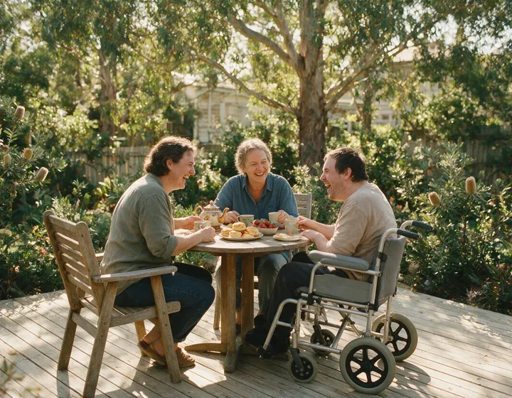 Three people, one using a wheelchair, sharing afternoon tea and scones together on a sunny back deck surrounded by native garden.