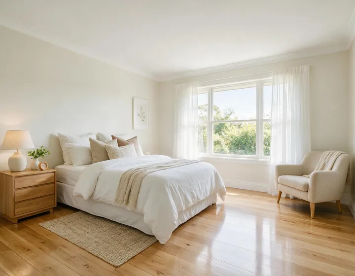 A calm, homely guest bedroom set up for a short stay, with clear floor space beside the bed.