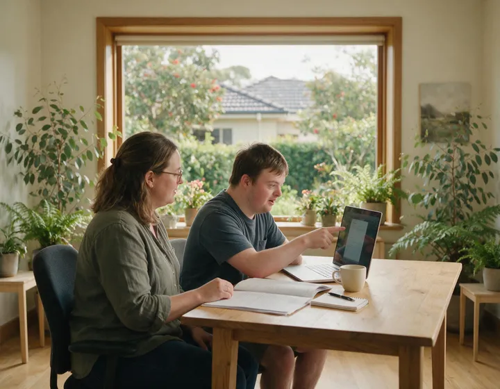 A participant leading a planning conversation with a support coordinator, pointing at a laptop screen.