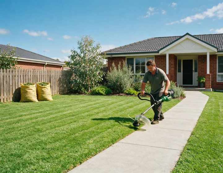 A worker edging the lawn beside a front path, with green waste bagged neatly nearby.